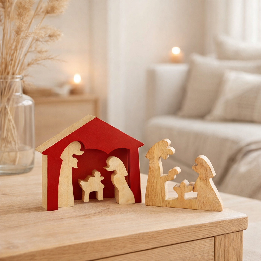 J-Line décoration Crèche dans la maison - bois - rouge/naturel - M en situation