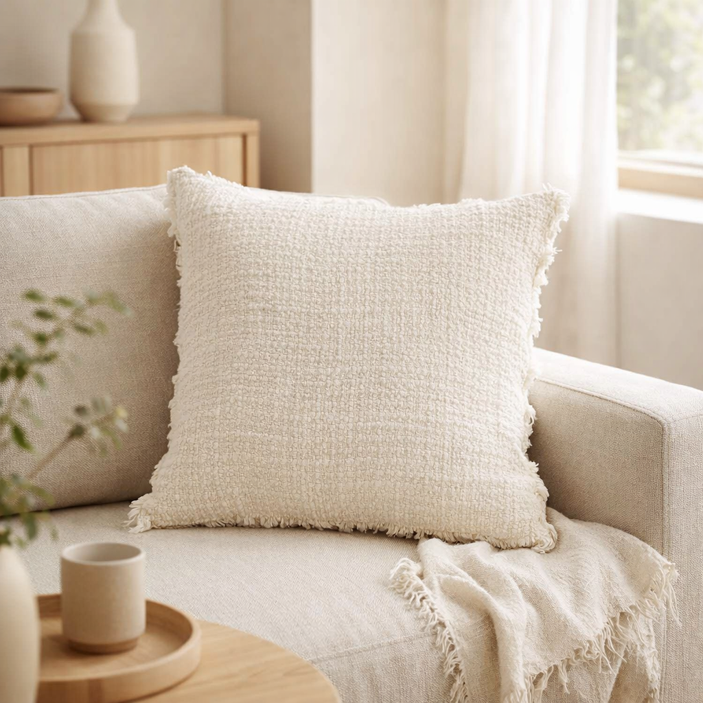 Coussin J-Line Bords Effilochés Coton/Polyester Blanc en situation