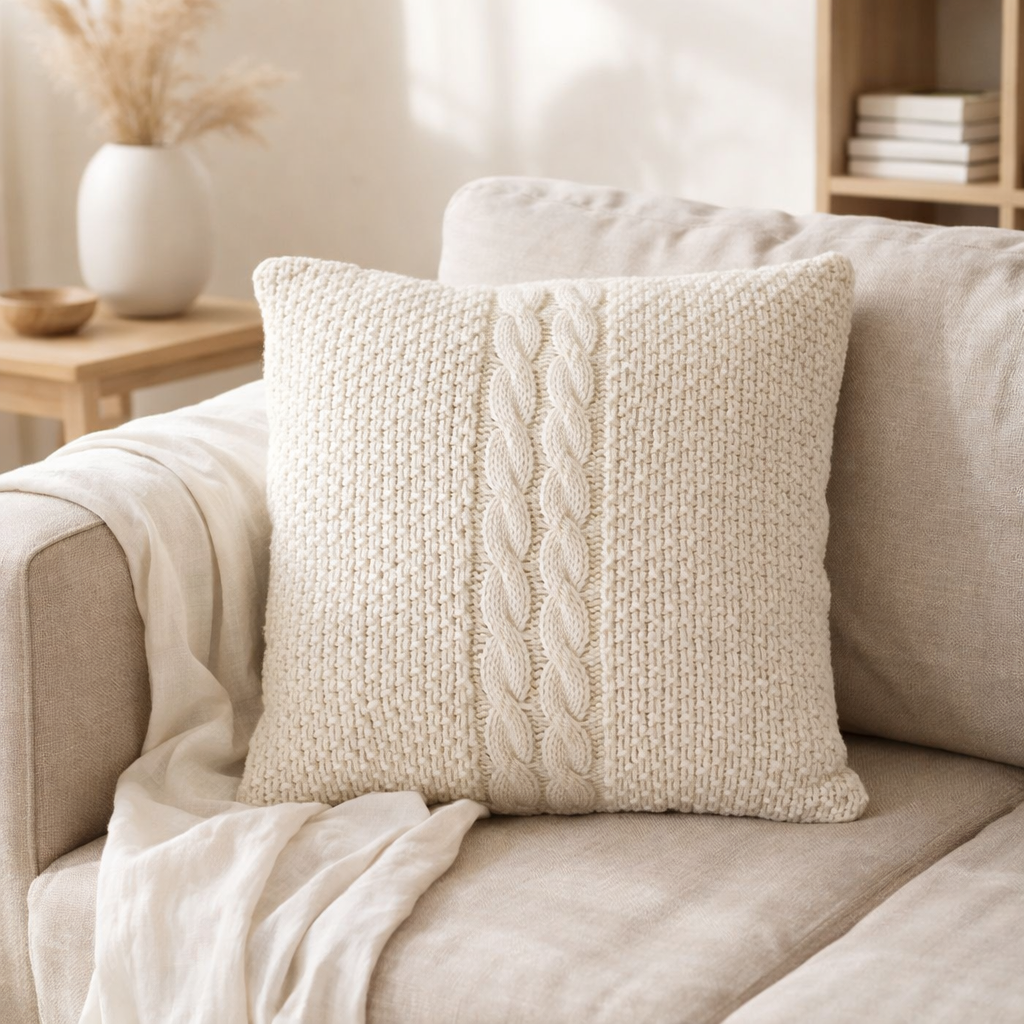 J-Line Coussin Tricot+Tresse Coton Blanc en situation