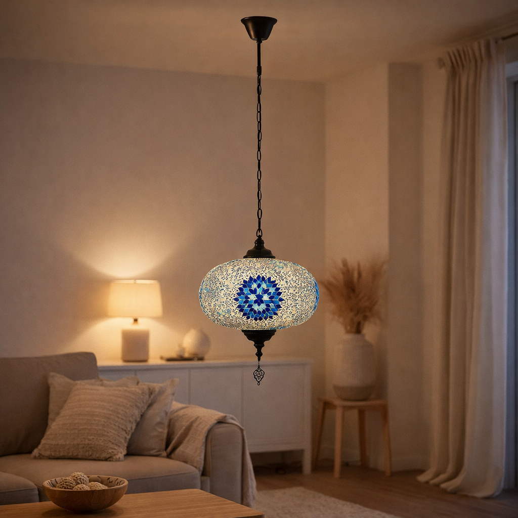 J-Line Lampe Suspendue Mosaïque Verre/Métal Bleu Large en situation