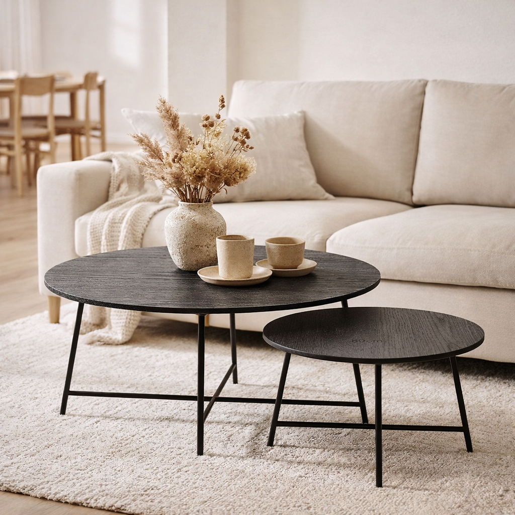 Table d'appoint J-Line Round - bois/métal - noir - lot de 2 en situation