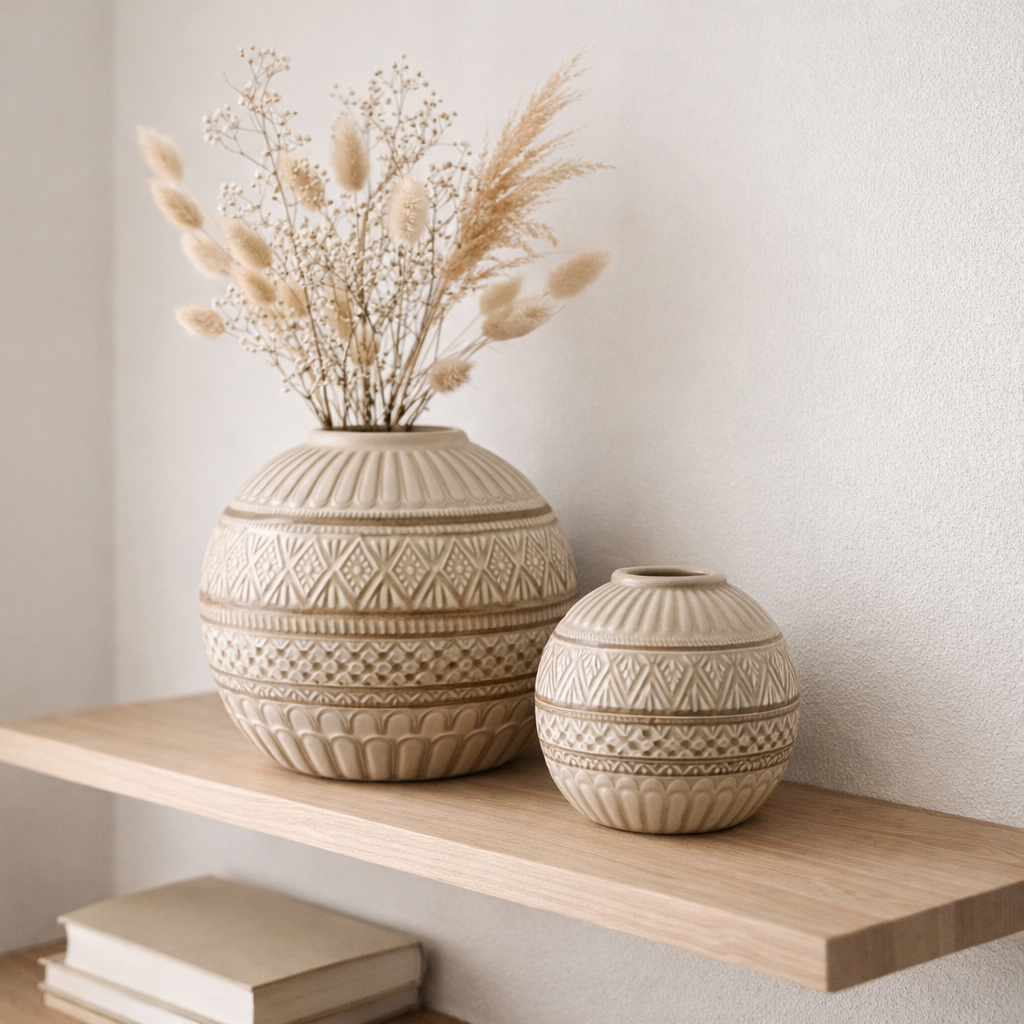 J-Line Vase Bol Etnic - Porcelaine - Beige - Large - Ø 19 cm en situation