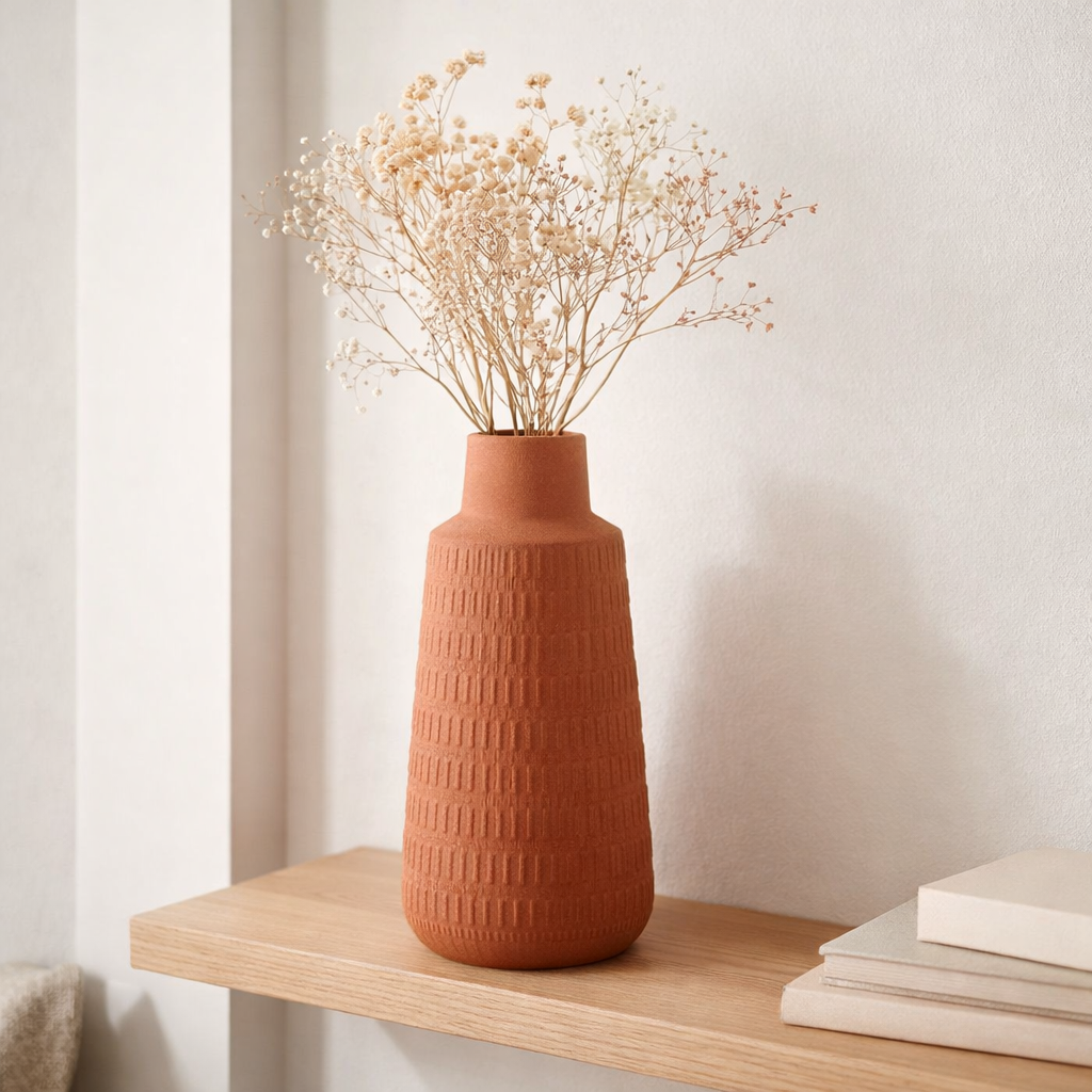 J -line Vase Ria sculptée - Porcelaine - Terracotta - Large - 31 cm de haut en situation
