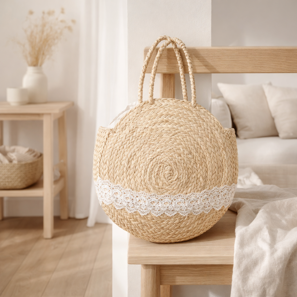 J-Line Sac de Plage Rond+Brosse Jonc de Mer/Dentelle Humide/Blanc en situation