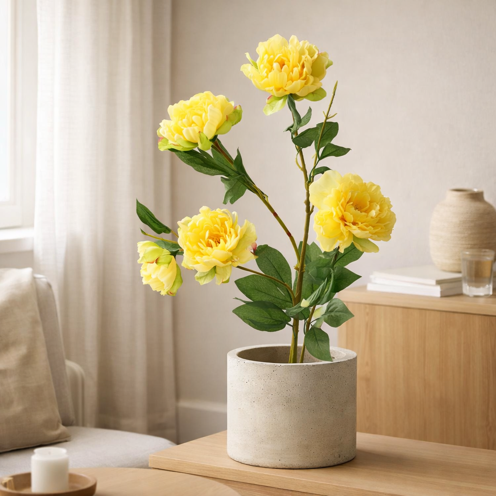 J-Line Pot de Pivoine Artificiel Jaune en situation