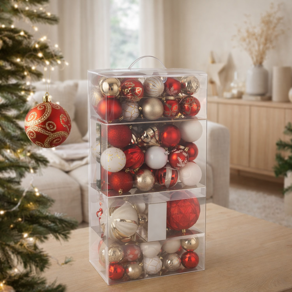 Boule de Noël J-Line - plastique - rouge/or - boîte de 80 en situation