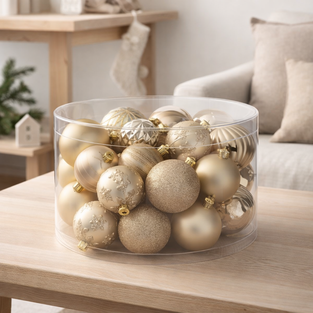 Boule de Noël J-Line - plastique - beige/écru - boîte de 30 en situation