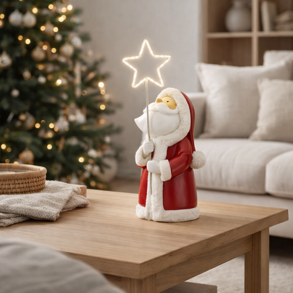J-Line Père Noël LED Étoile Résine Blanc/Rouge Petit en situation