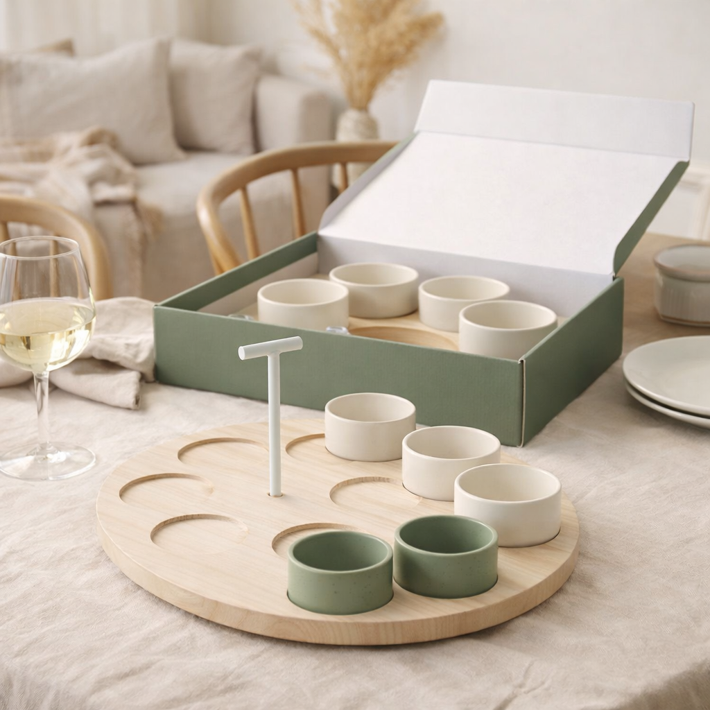 J-Line Tapas Vaisselle 6 Sets + Bol en Bois dans une Boîte Vert/Blanc en situation