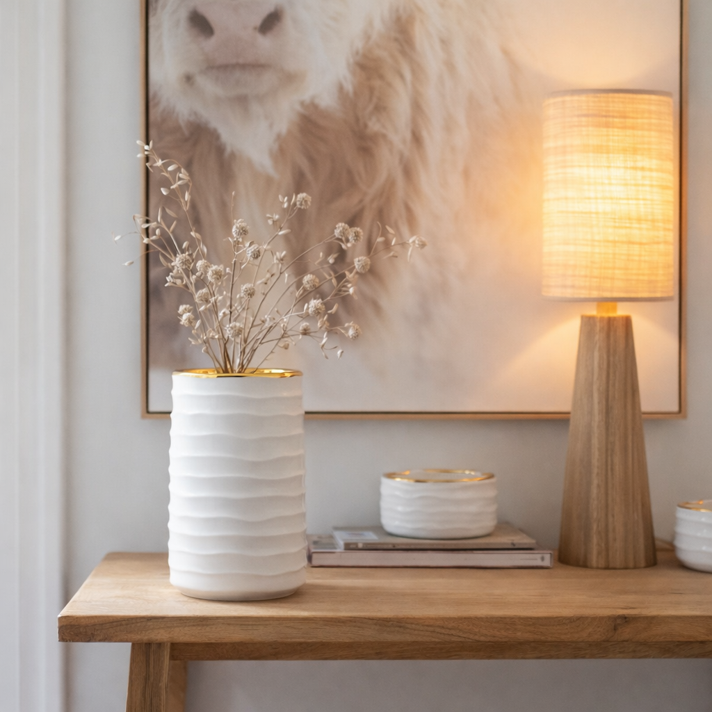 J -line Flowerpot High - Porcelaine - Blanc / Gold - Small - Ø 13 cm en situation