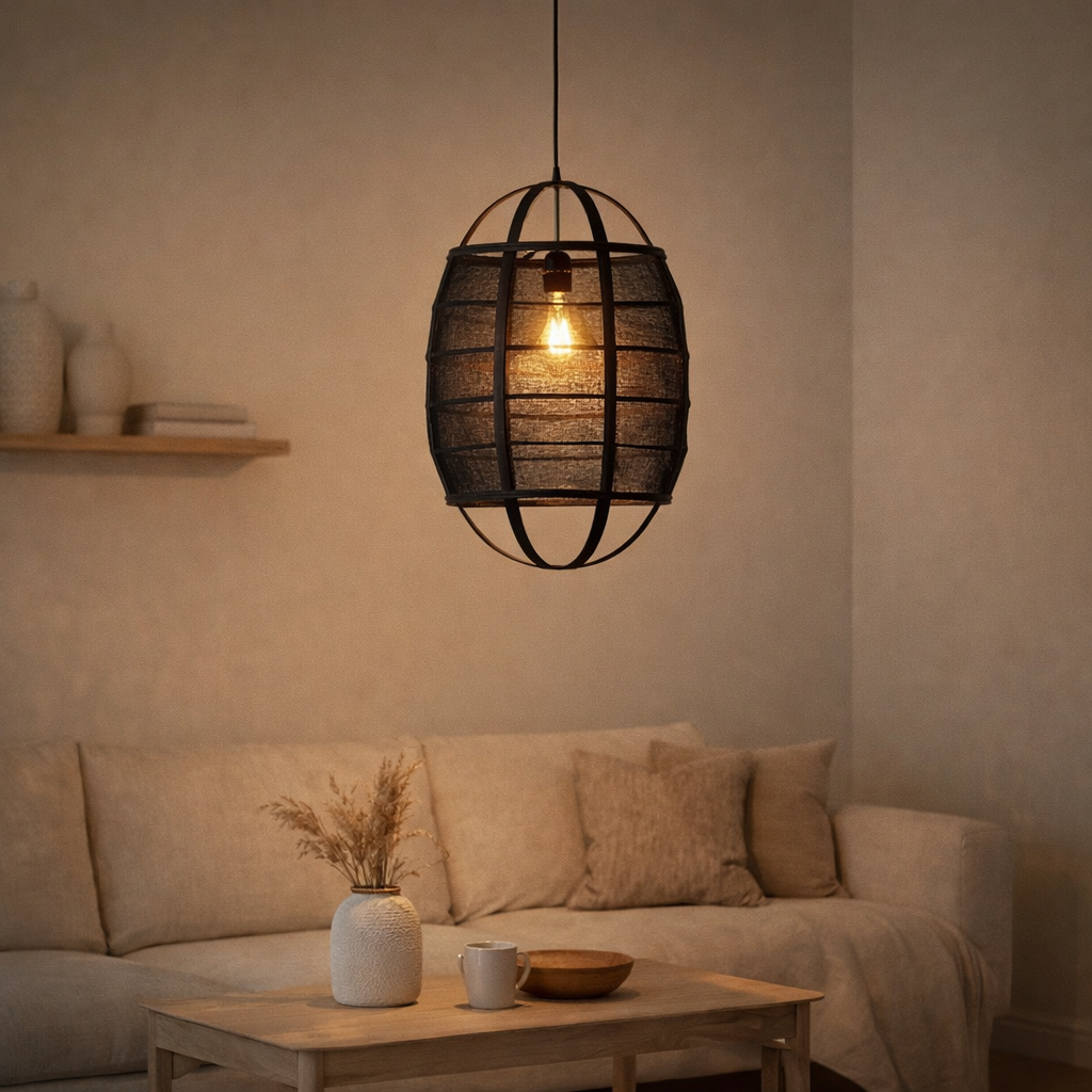 J-Line Lampe Suspendue Ion Lin/Bambou Noir Small en situation