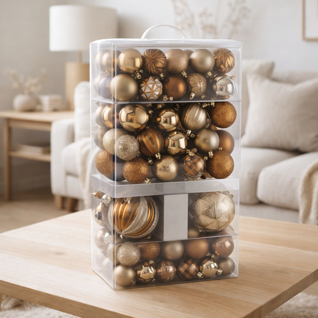 Boule de Noël J-Line - plastique - marron - boîte de 80 en situation