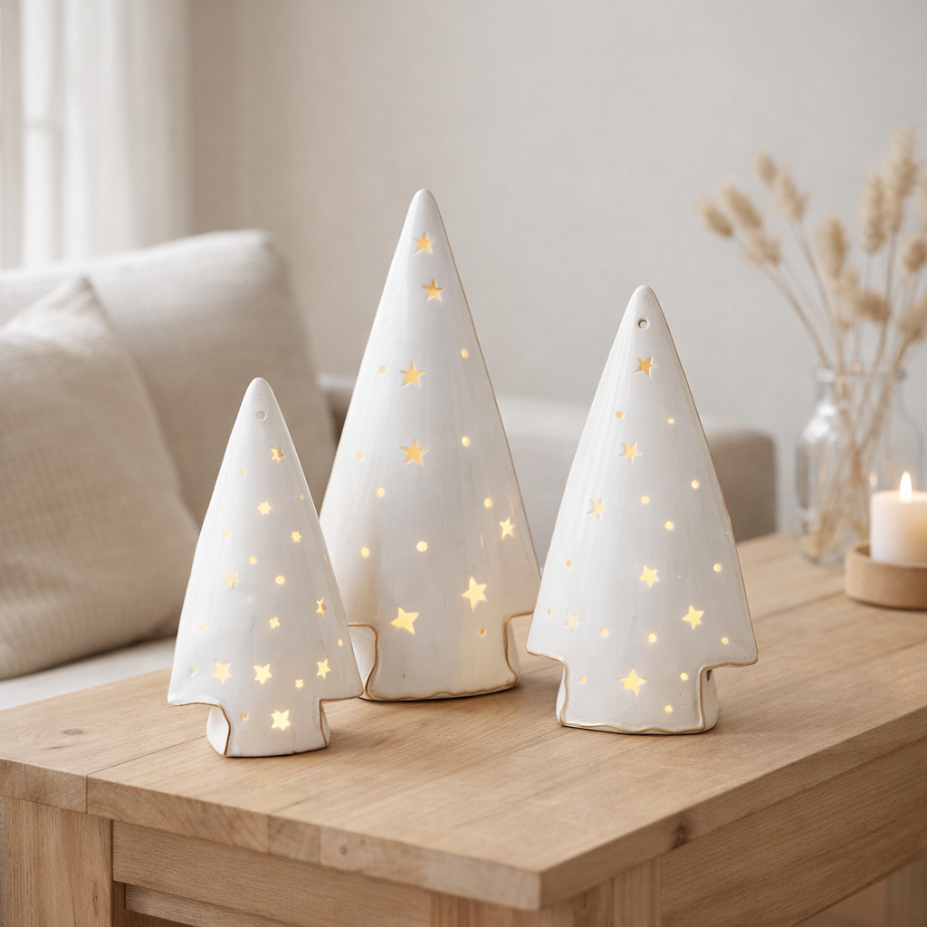 J-Line décoration sapin de Noël - céramique - blanc - lot de 3 - LED en situation