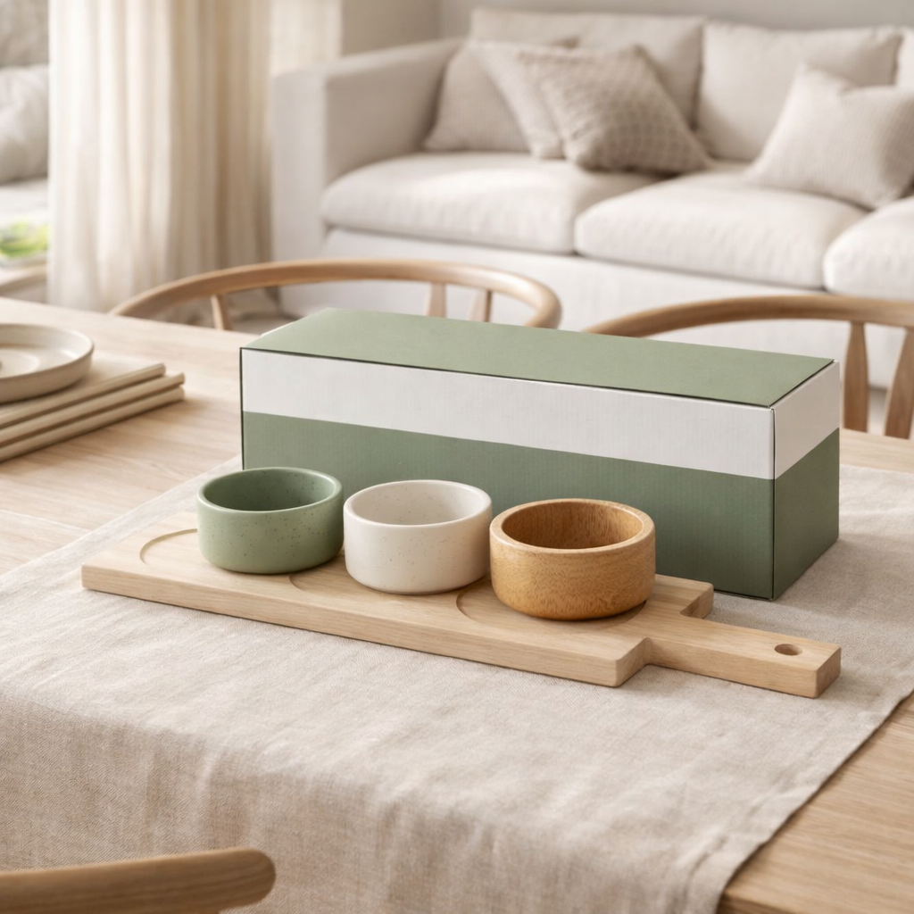 J-Line Tapas Vaisselle 3 Sets + Bol en Bois dans une Boîte Vert/Blanc en situation
