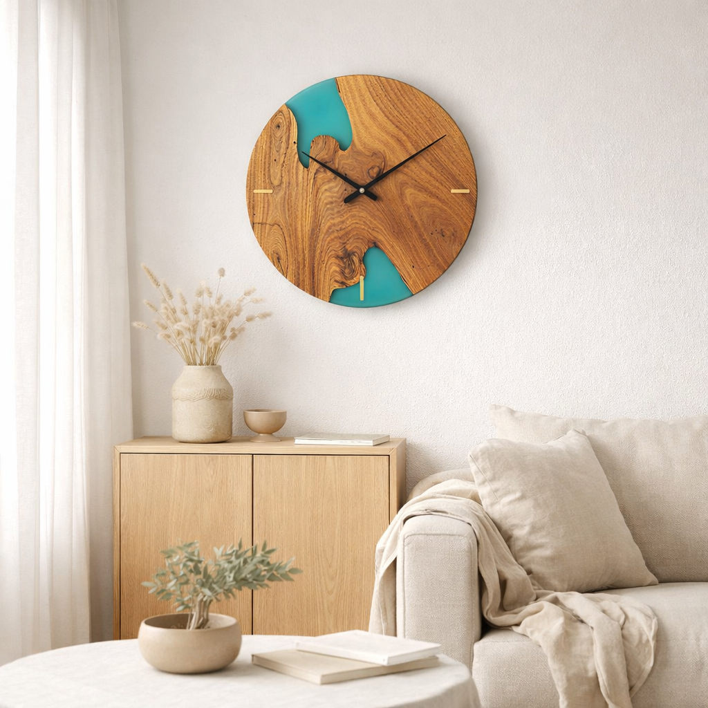 J-Line horloge Modern Acacia - bois/résine époxy - naturel/bleu en situation