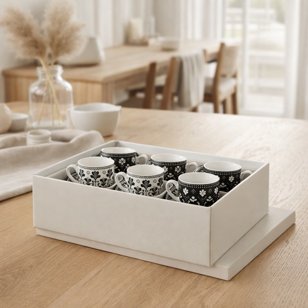 Boîte en j-line 6 tasses + feuilles de bol noir / blanc en céramique en situation