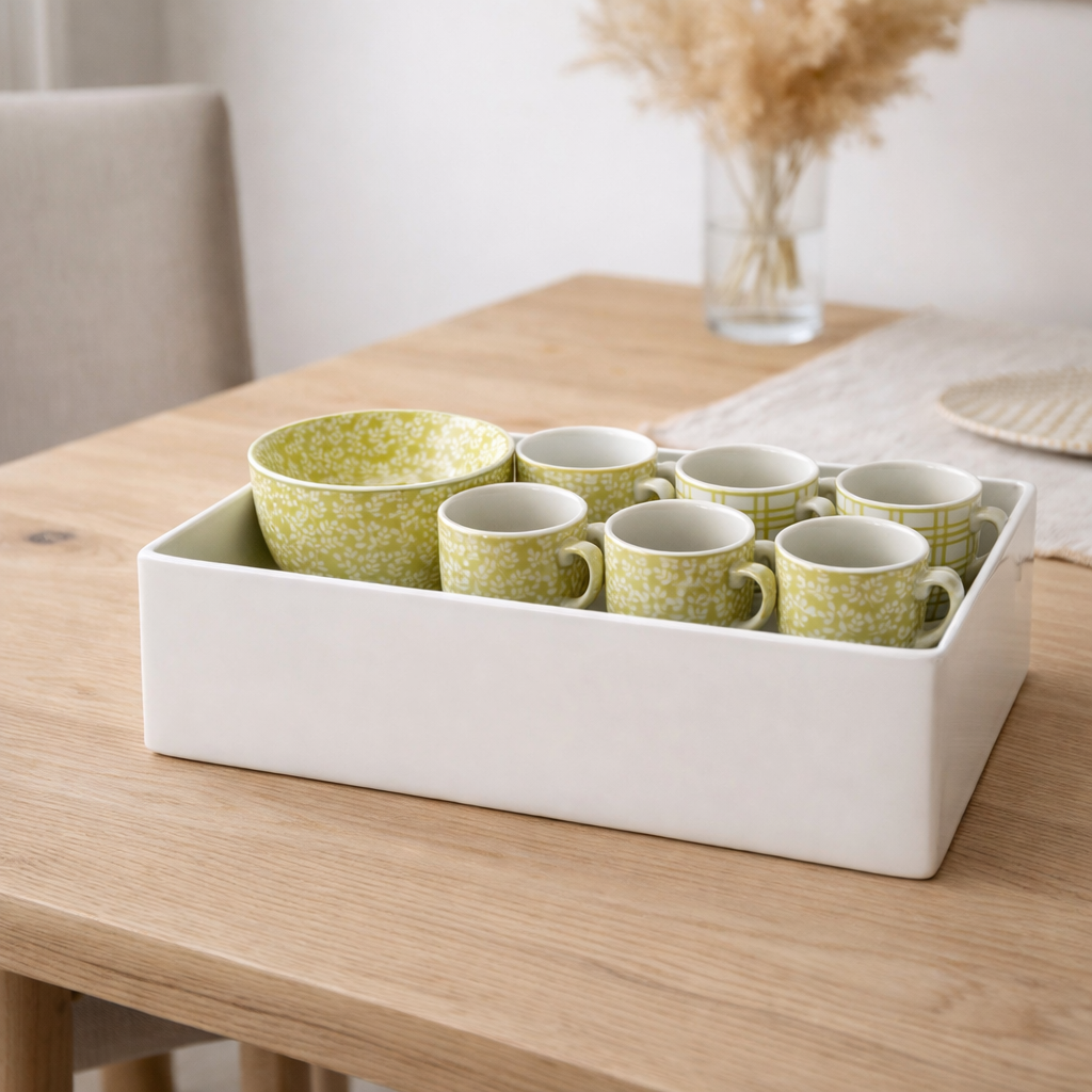 Boîte en j-line 6 tasses + bol de vert céramique en situation