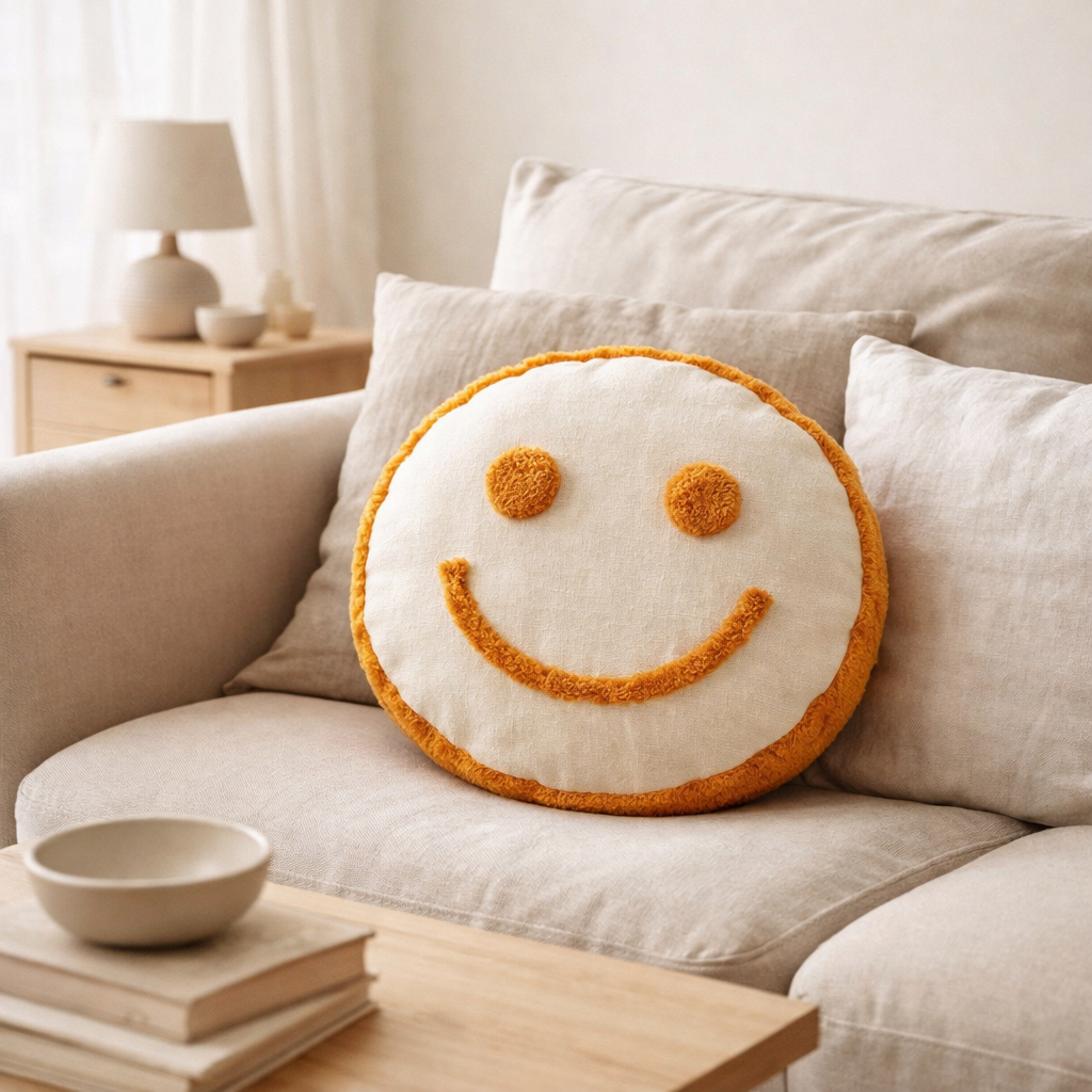 J-Line coussin Smiley Tufted - coton - orange/blanc en situation