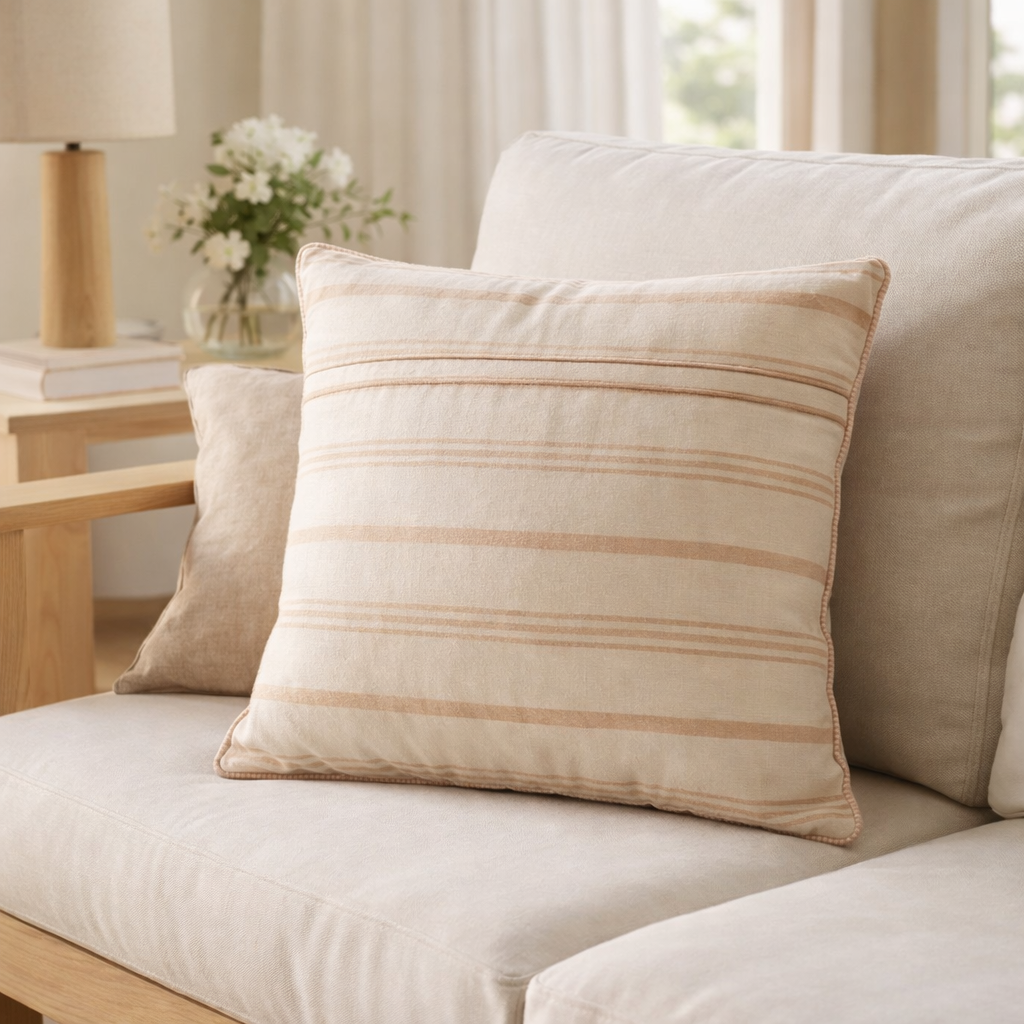 Coussin J-Line Stripes crème / saumon de coton recyclé en situation
