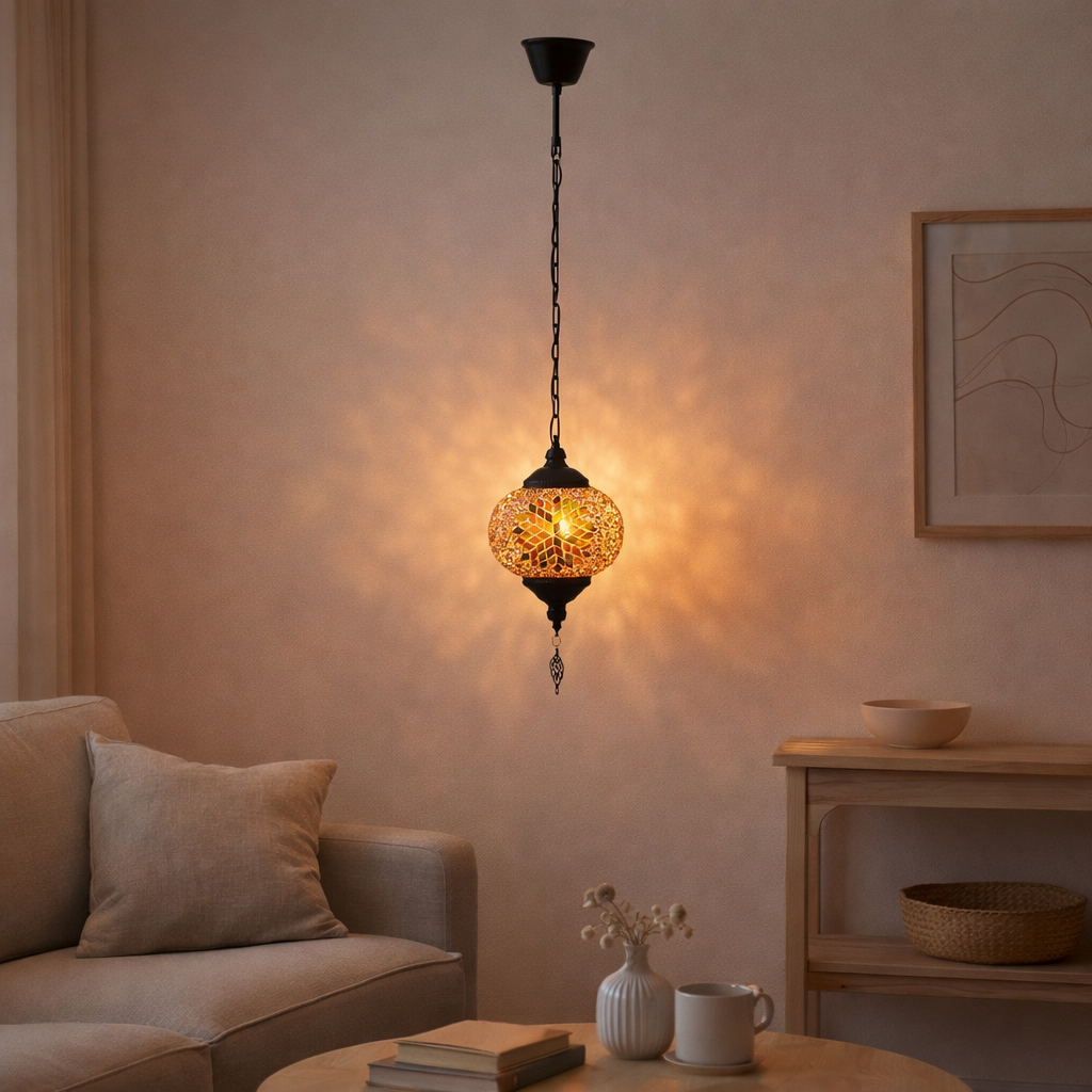 J-line lampe mosaïque en verre suspendu / en métal orange petit en situation