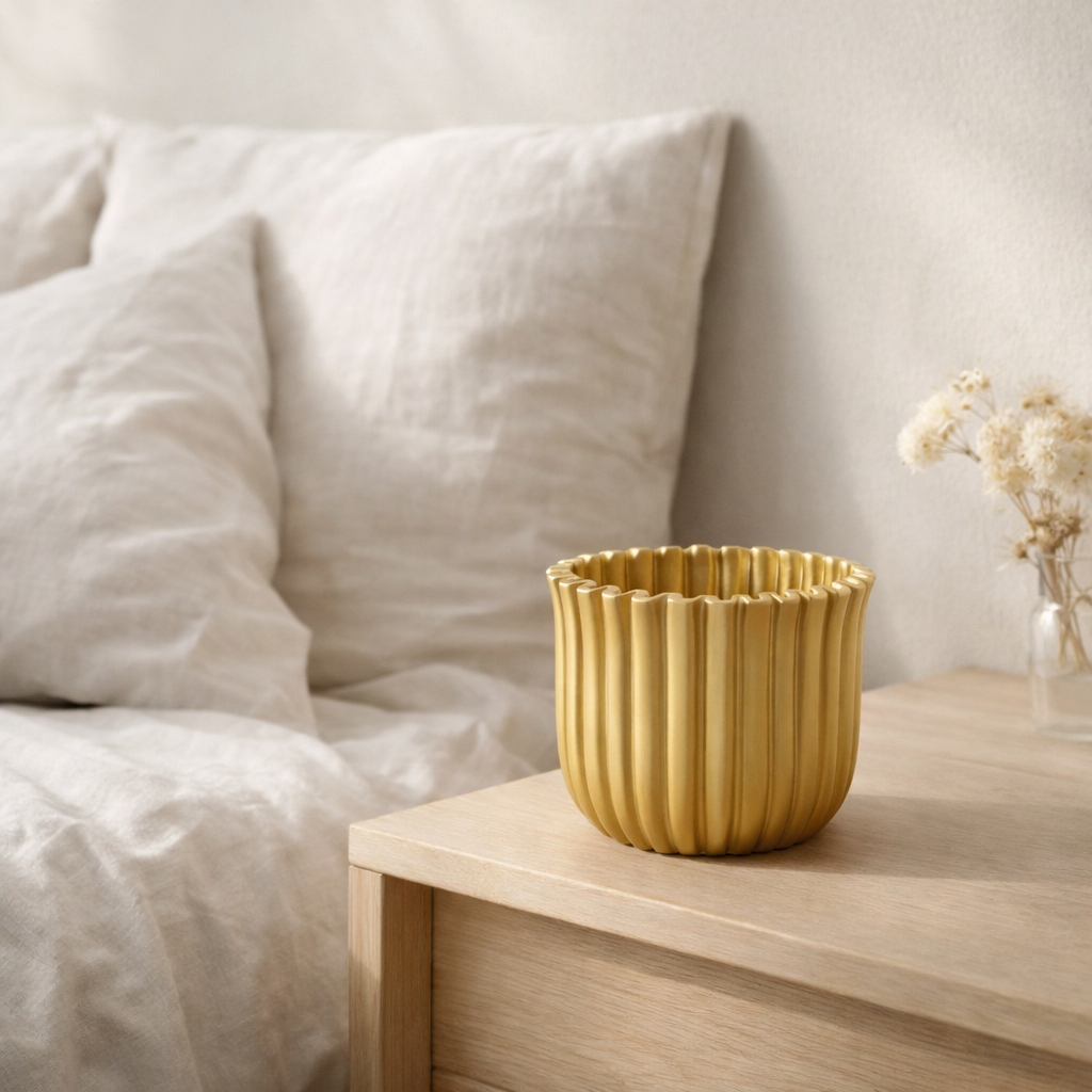 Pot de fleur J-Line Ribbed - ciment - or - moyen en situation