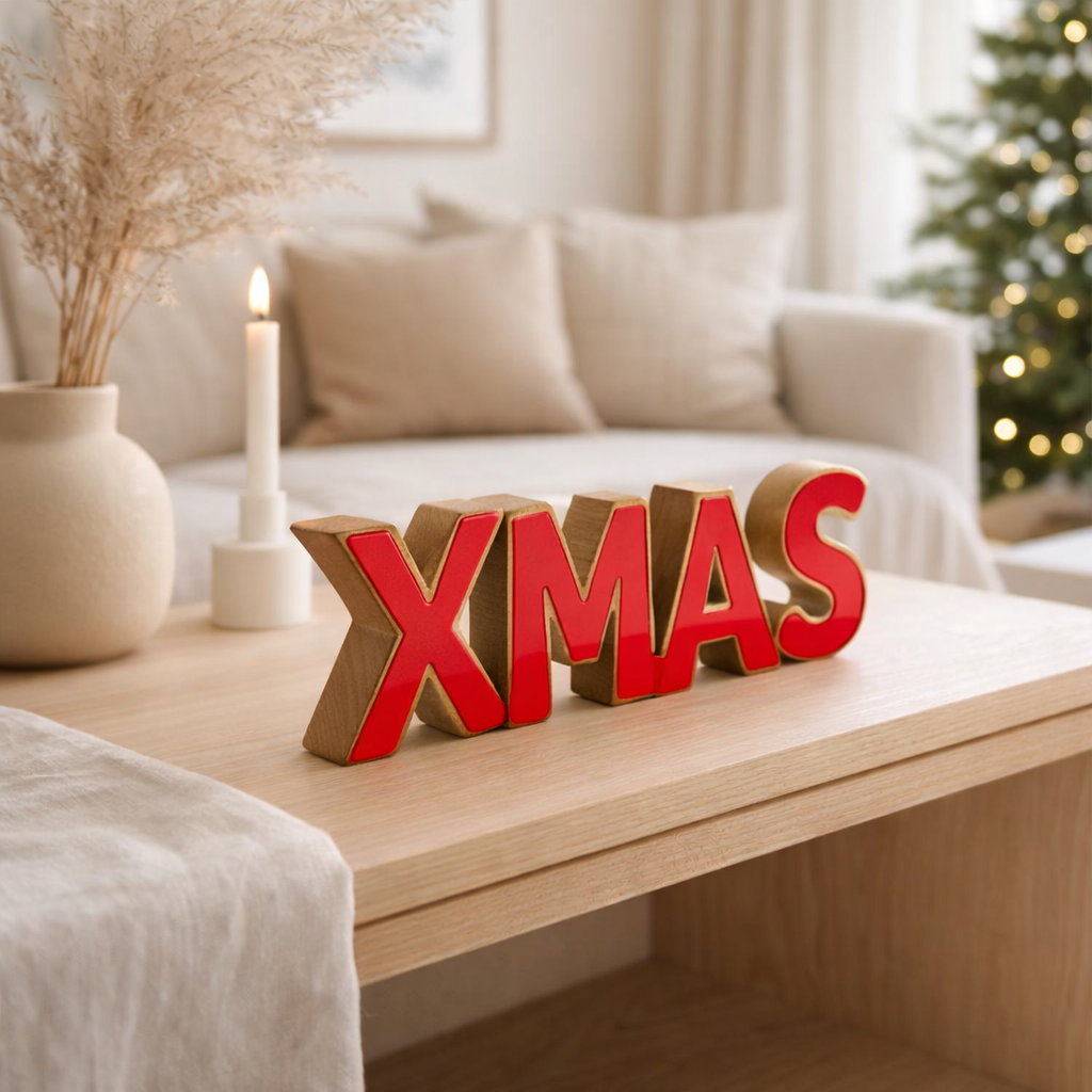 J-Line décoration Xmas Shiny - bois - rouge/naturel en situation