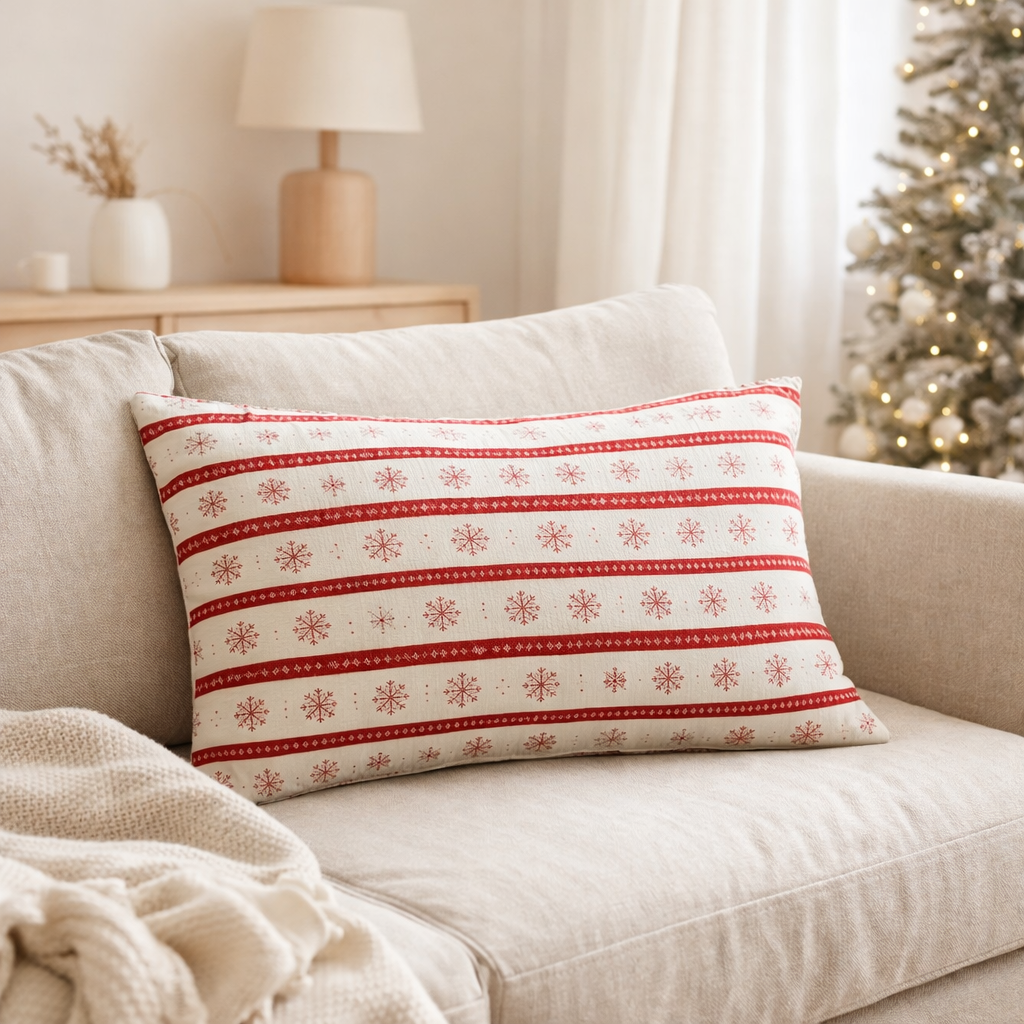 Coussin J-Line Rayures + Flocons de neige - coton - Noël rouge/blanc en situation