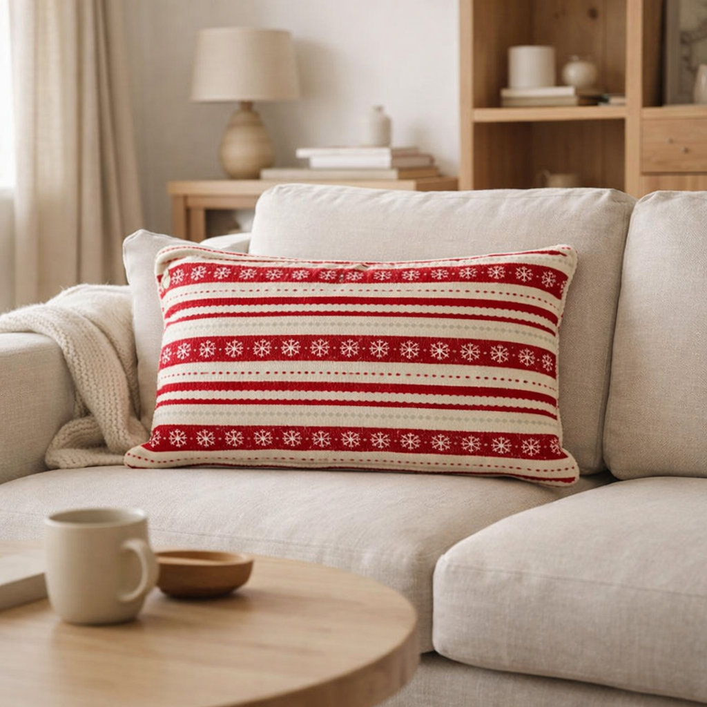 Coussin J-Line Rayures + Flocons de neige - coton - Noël rouge/blanc en situation