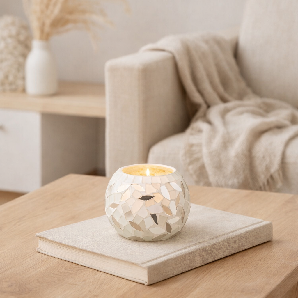 Bougeoir J-Line Ball Mosaic - verre - blanc/argent - petit en situation
