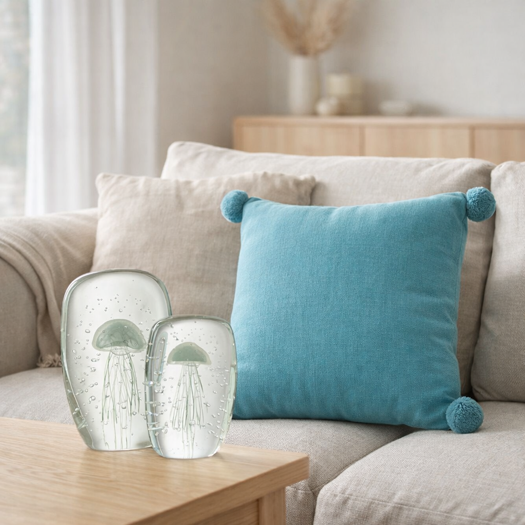 Coussin J-Line Carré + Pompons - coton/polyester - bleu cyan en situation