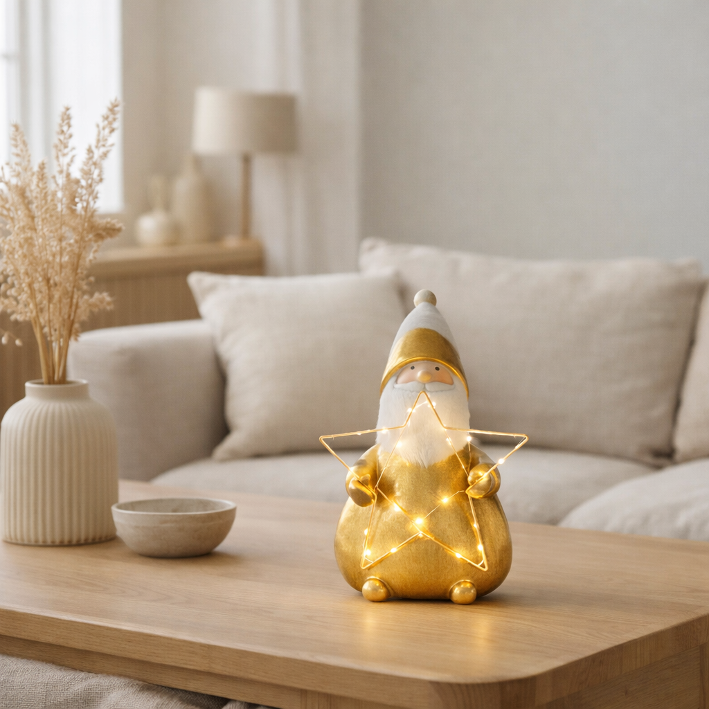 J-line Santa LED Star Polyresin Gold Colored Small en situation