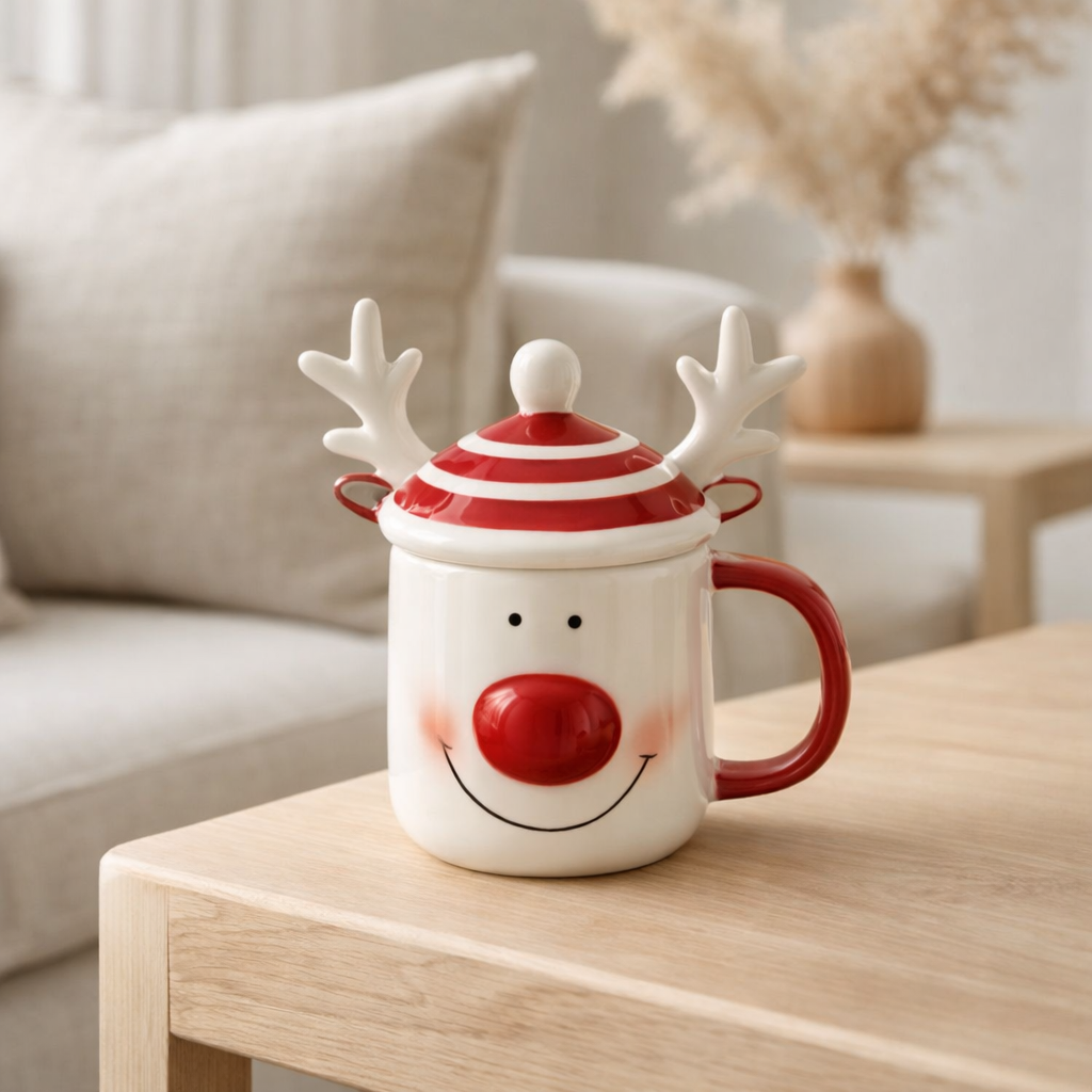 J-Line mug + couvercle Renne Dolomite - céramique - rouge/blanc en situation