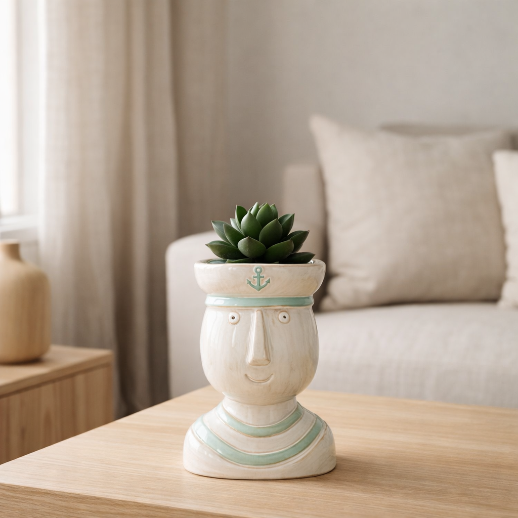 Pot de fleur J-Line Hoofd Zeeman - porcelaine - blanc/azur - grand en situation