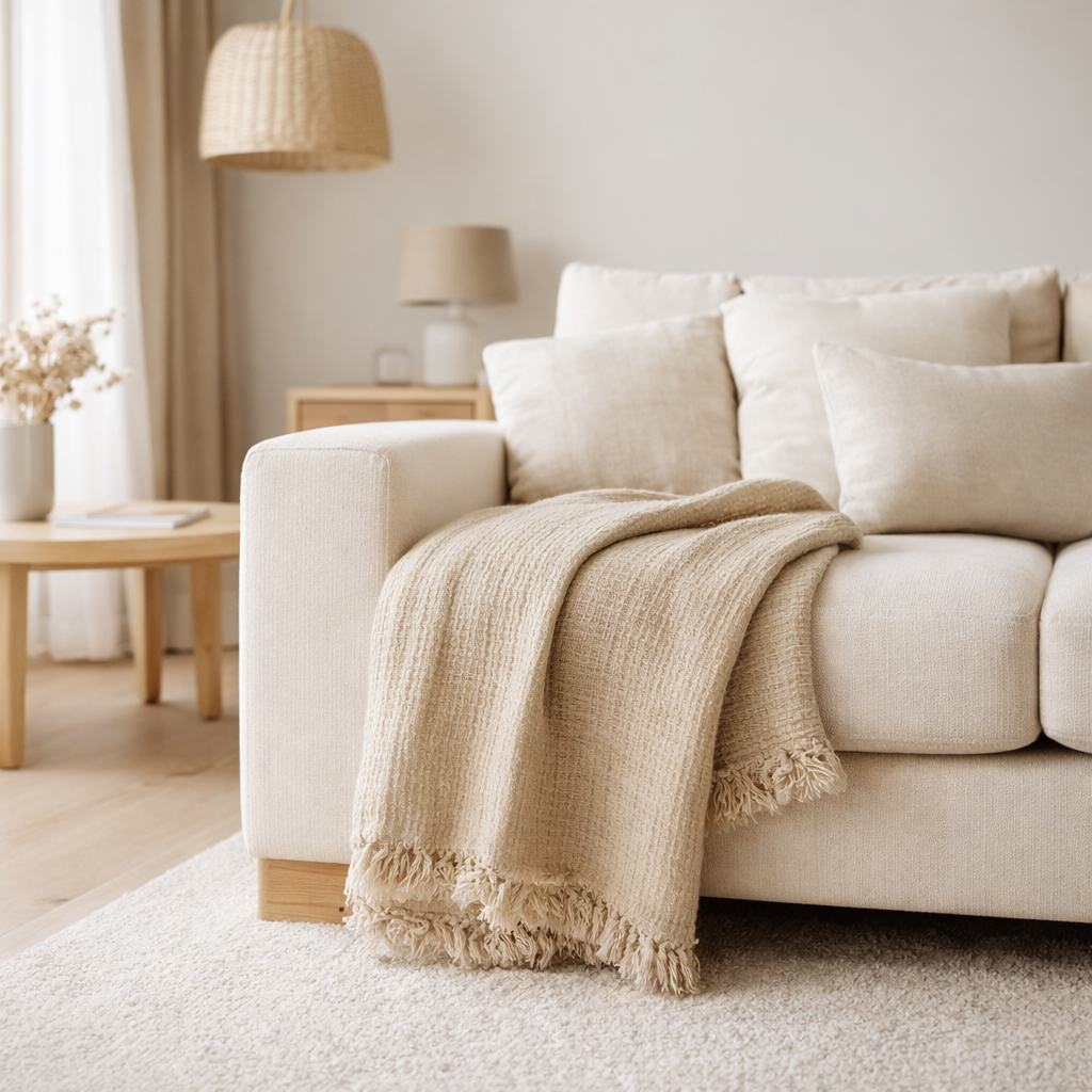 J-Line Plaid franges mousseline - coton - beige foncé - 130 x 180 cm en situation