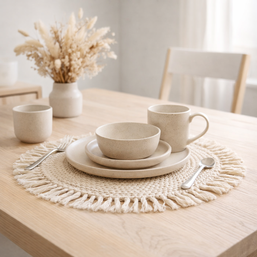 J-Line Set de Table Rond Tissé + Franges Polyester Beige en situation