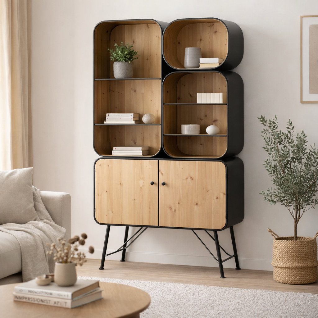 J-Line rack Etagères en bois et métal - bois de pin - noir/beige clair en situation