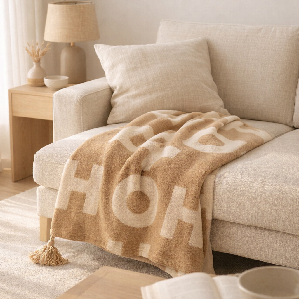 Couverture J-Line Hohoho - polyester - blanc/beige en situation