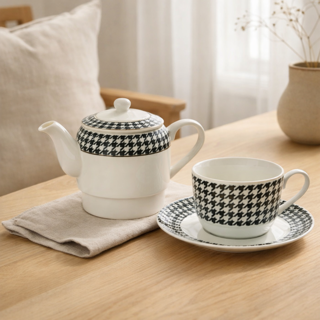 Théière J-Line Pied-Poule - porcelaine - blanc/noir en situation