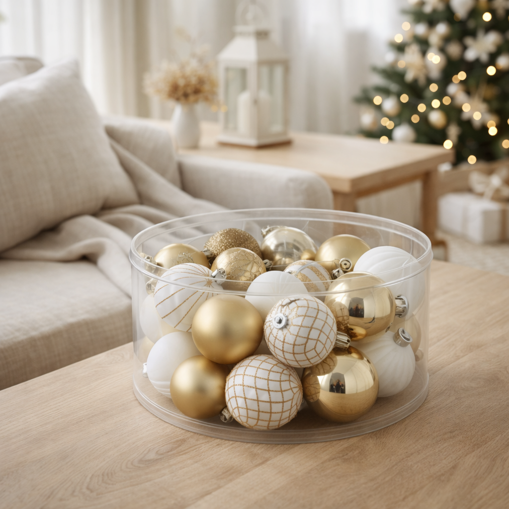 Boule de Noël J-Line - plastique - blanc/or - boîte de 30 en situation