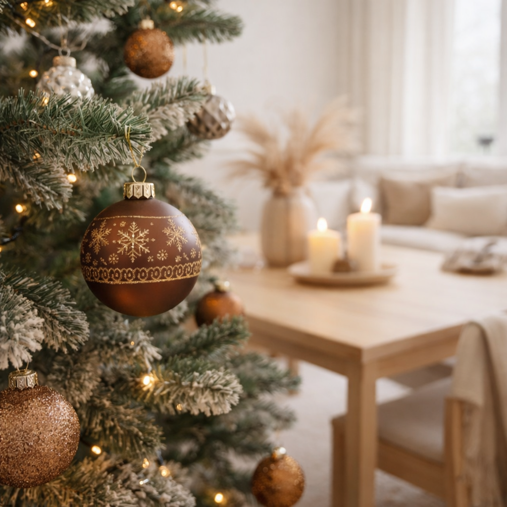 Boule de Noël J-Line - plastique - marron - boîte de 45 en situation