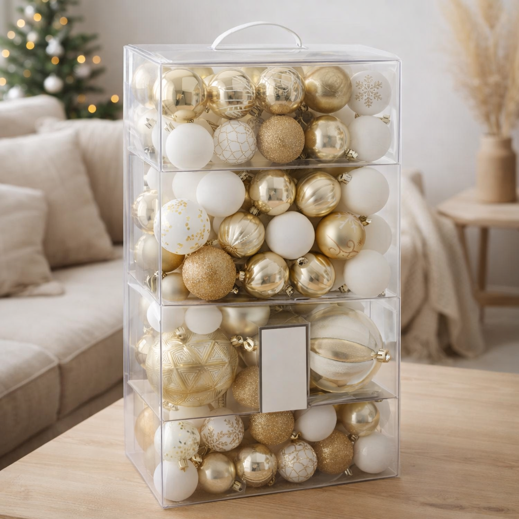 Boule de Noël J-Line - plastique - blanc/or - boîte de 80 en situation