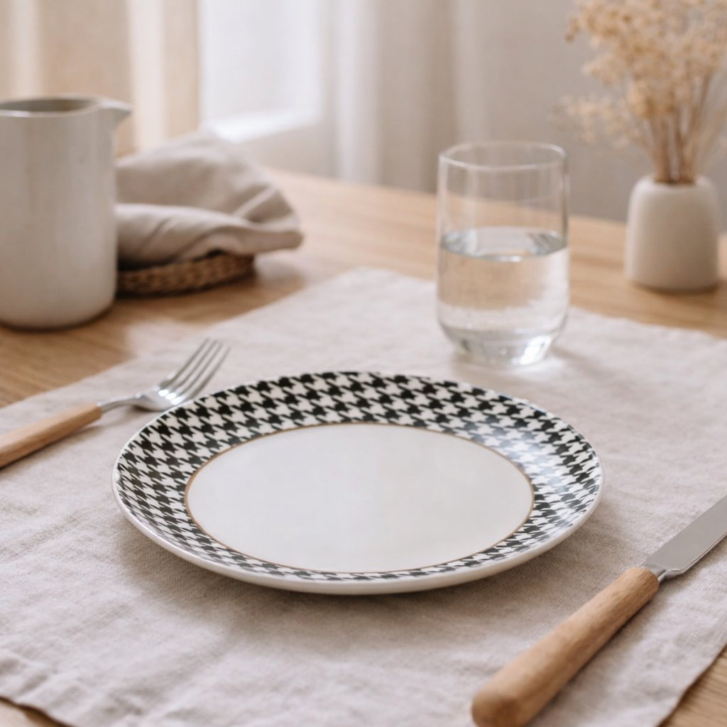 Assiette J-Line Pied-De-Poule - porcelaine - blanc/noir - M - lot de 6 en situation