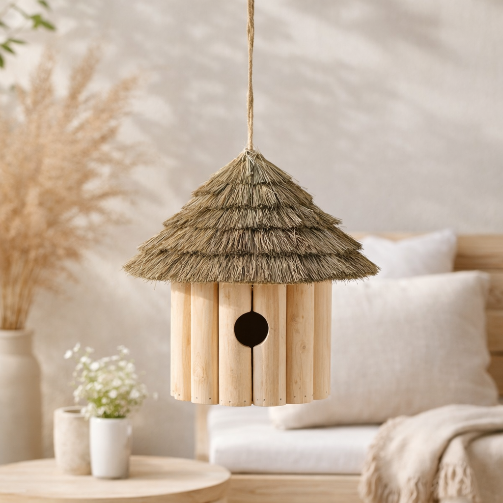 J-Line Birdhouse Suspendu Bois/Herbe Sèche Naturel en situation