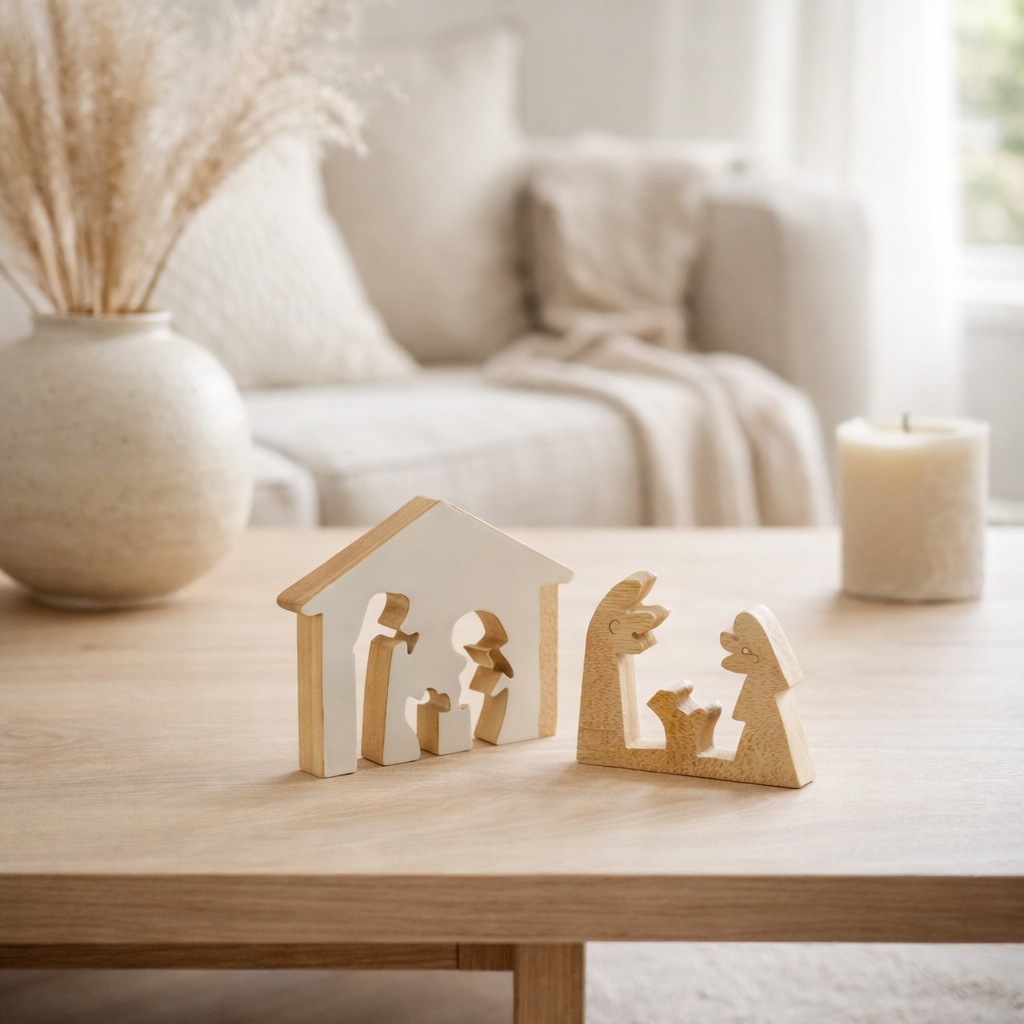 J-Line décoration Maison Crèche - bois - blanc/naturel - S en situation