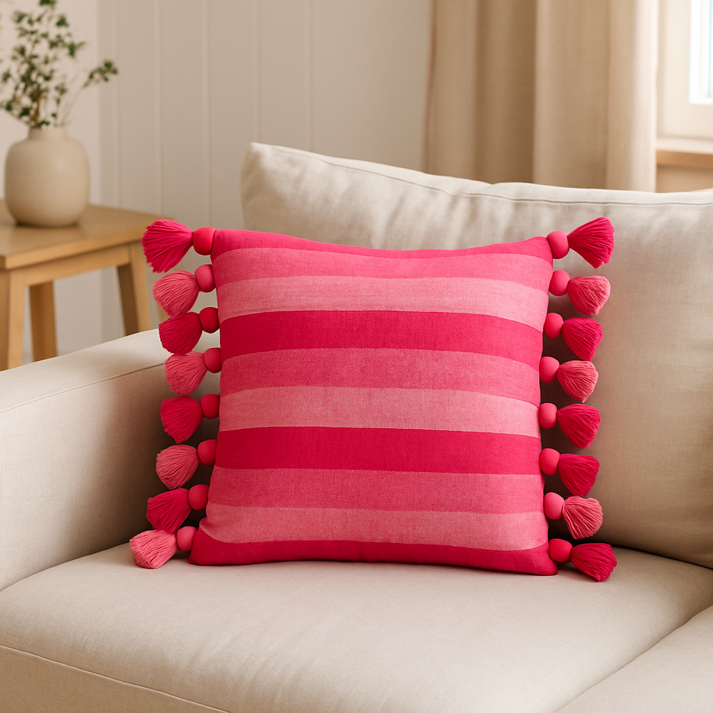 Détail des rayures du coussin J-Line en coton rose