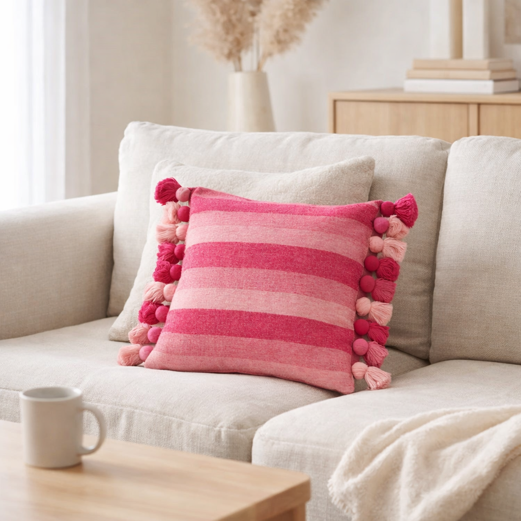 Rayures de coussin en j-line + gland de rose de coton en situation