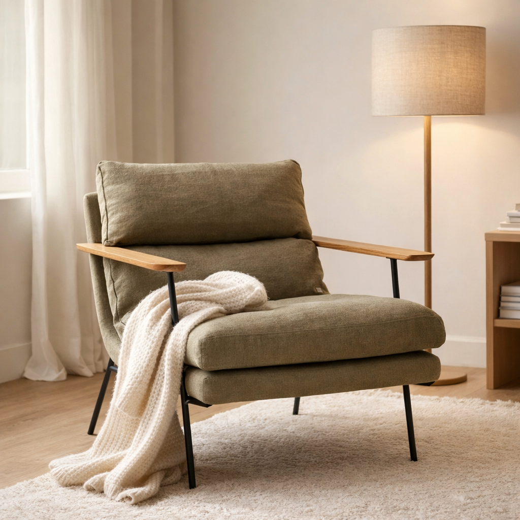 Fauteuil pur lin Bill à dossier bas avec accoudoirs en situation