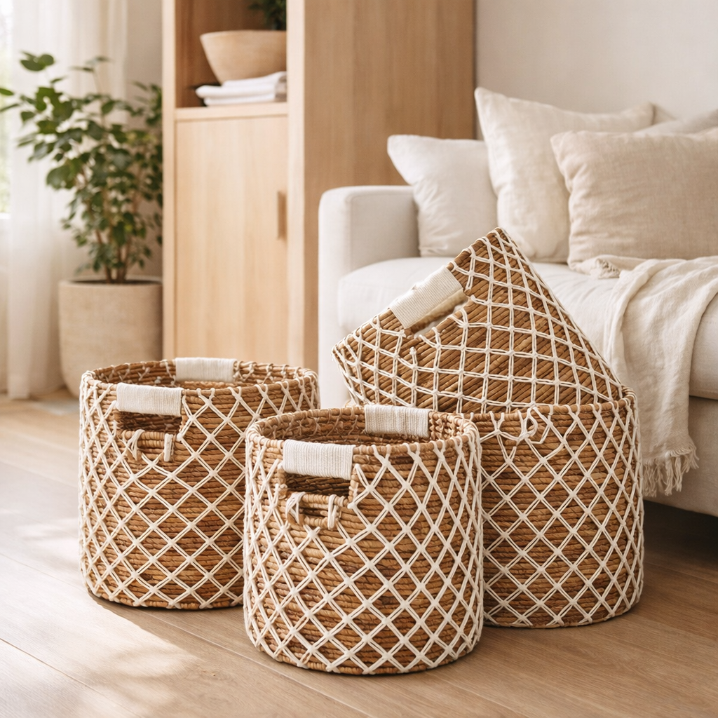 Panier de rangement PURA | Panier de plantes | Panier à linge (blanc) en fibre de banane (3 tailles) en situation