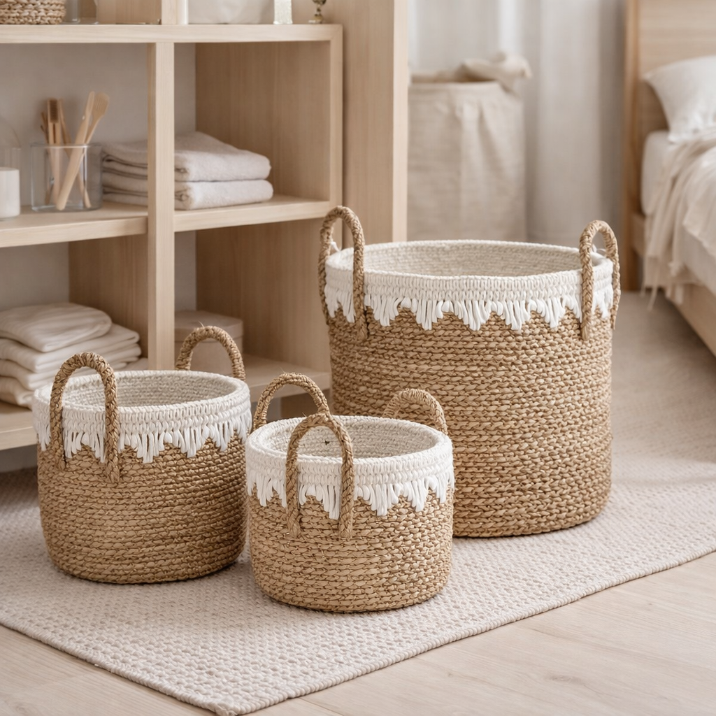 Paniers ronds en jonc de mer avec cordons en coton blanc WAIGEO (3 tailles) Panier à linge ou de rangement décoratif en situation