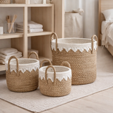 Paniers ronds en jonc de mer avec cordons en coton blanc WAIGEO (3 tailles) Panier à linge ou de rangement décoratif en situation